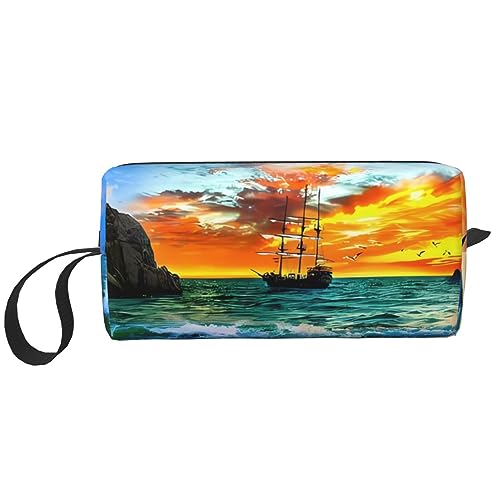 Kosmetiktasche mit Piratenschiff im Sonnenuntergang, tragbar, wasserdicht, Aufbewahrungstasche, Reise-Kulturbeutel, Organizer-Tasche für Damen, weiß, Einheitsgröße von WiNwon