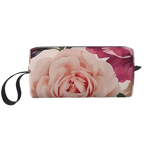 Kosmetiktasche mit rosafarbenem Blumen- und Rosenmuster, tragbar, wasserdicht, Aufbewahrungstasche, Reise-Kulturbeutel, Organizer-Tasche für Damen, weiß, Einheitsgröße von WiNwon