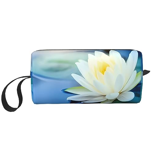 Kosmetiktasche mit weißem Lotusblumen-Motiv, tragbar, mit Reißverschluss, kleine Tasche, Handtasche, Reise-Kulturbeutel, Organizer, Aufbewahrungstasche für Damen, weiß, Einheitsgröße von WiNwon