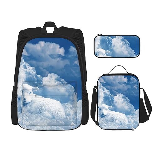 Lamm mit Löwe auf den Wolken Rucksack-Set 3-in-1 Kinder Schultasche für Teenager, Mädchen, Damen, Laptop-Rucksack mit Lunch-Tasche, Federmäppchen, Schwarz , Einheitsgröße von WiNwon