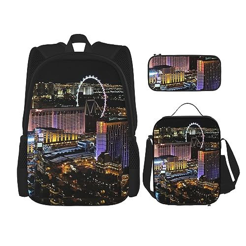 Las Vegas Night View Rucksack Set 3-in-1 Kinder Schultasche für Teenager Mädchen Damen Laptop Rucksack mit Lunchtasche Federmäppchen, Schwarz , One size von WiNwon