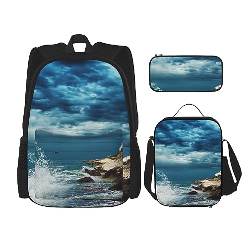 Lighthouse Seaside Rucksack Set 3-in-1 Kinder Schultasche für Teenager Mädchen Damen Laptop Rucksack mit Lunchtasche Federmäppchen, Schwarz , Einheitsgröße von WiNwon