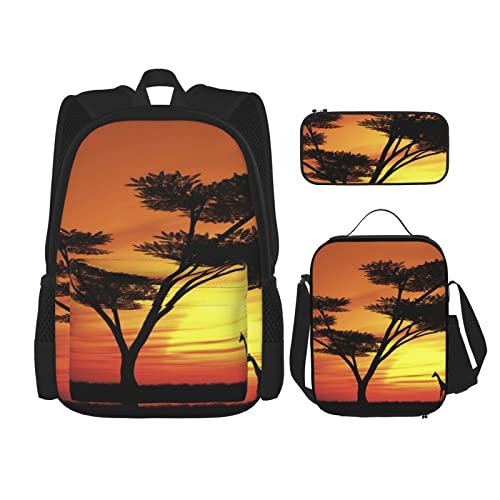 Lustiger Rucksack mit afrikanischem Sonnenuntergang, 3-in-1, Kinder-Schultasche für Teenager, Mädchen, Damen, Laptop-Rucksack mit Lunch-Tasche, Federmäppchen, Schwarz , Einheitsgröße von WiNwon