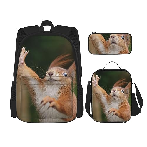 Lustiges Eichhörnchen-Rucksack-Set, 3-in-1, Kinder-Schultasche für Teenager, Mädchen, Damen, Laptop-Rucksack mit Lunch-Tasche, Federmäppchen, Schwarz , Einheitsgröße von WiNwon