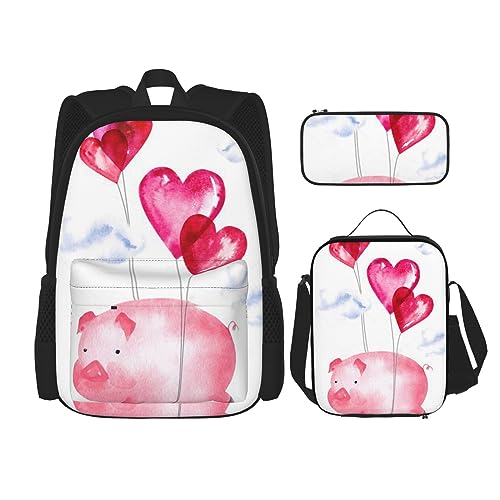 Lustiges Schweinchen-Rucksack-Set, 3-in-1, Kinder-Schultasche für Teenager, Mädchen, Damen, Laptop-Rucksack mit Lunch-Tasche, Federmäppchen, Schwarz , Einheitsgröße von WiNwon