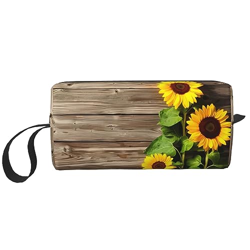 Make-up-Tasche mit Sonnenblumen auf Holzbrett, tragbare Kosmetiktasche, Reißverschluss, kleine Tasche, Handtasche, Reise-Kulturbeutel, Organizer, Aufbewahrungstasche für Damen, weiß, Einheitsgröße von WiNwon