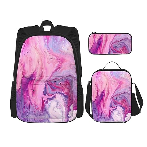 Marmor-Rucksack in Violett, bunt, 3-in-1, Kinder-Schultasche für Teenager, Mädchen, Damen, Laptop-Rucksack mit Lunch-Tasche, Federmäppchen, Schwarz , Einheitsgröße von WiNwon