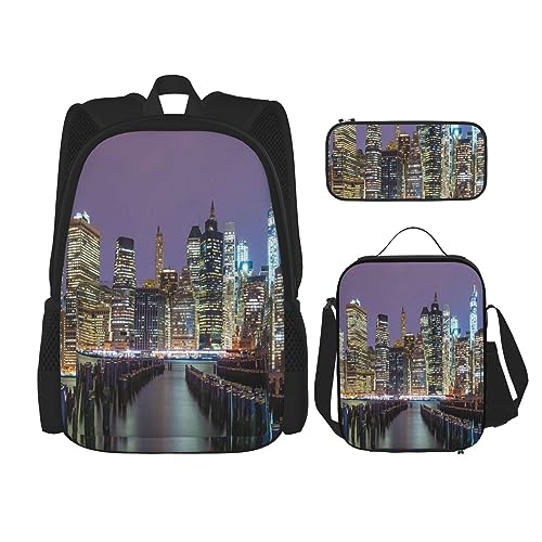 New York City Rucksack-Set, 3-in-1, Kinder-Schultasche für Teenager, Mädchen, Damen, Laptop-Rucksack mit Lunch-Tasche, Federmäppchen, Schwarz , Einheitsgröße von WiNwon