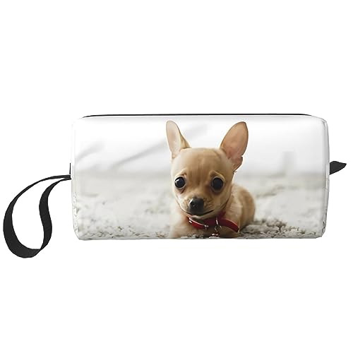 Niedliche Chihuahua-Make-up-Tasche, tragbare Kosmetiktasche, Reißverschluss, kleine Tasche, Handtasche, Reise-Kulturbeutel, Organizer, Aufbewahrungstasche für Frauen, weiß, Einheitsgröße von WiNwon