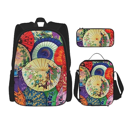 Öl-Papier-Regenschirm-Rucksack-Set, 3-in-1, Kinder-Schultasche für Teenager, Mädchen, Damen, Laptop-Rucksack mit Lunch-Tasche, Federmäppchen, Schwarz , Einheitsgröße von WiNwon