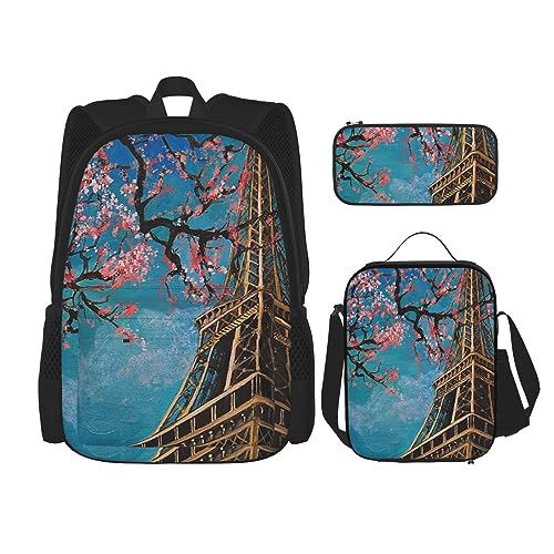 Romantisches Eiffelturm-Rucksack-Set, 3-in-1, Kinder-Schultasche für Teenager, Mädchen, Damen, Laptop-Rucksack mit Lunch-Tasche, Federmäppchen, Schwarz , Einheitsgröße von WiNwon