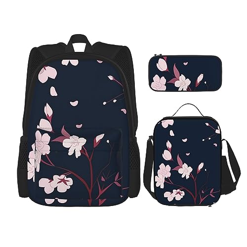 Rucksack-Set mit Blumenzweigen, 3-in-1, Kinder-Schultasche für Teenager, Mädchen, Damen, Laptop-Rucksack mit Lunch-Tasche, Federmäppchen, Schwarz , Einheitsgröße von WiNwon