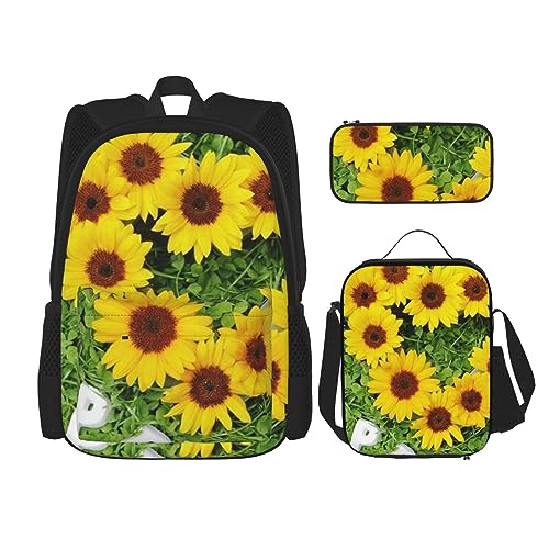 Rucksack in Herzform, Sonnenblume, 3-in-1, Kinder-Schultasche für Teenager, Mädchen, Damen, Laptop-Rucksack mit Lunch-Tasche, Federmäppchen, Schwarz , Einheitsgröße von WiNwon