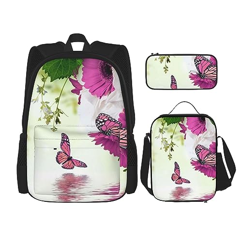 Rucksack mit Blume und Schmetterling, 3-in-1, Kinder-Schultasche für Teenager, Mädchen, Damen, Laptop-Rucksack mit Lunch-Tasche, Federmäppchen, Schwarz , Einheitsgröße von WiNwon