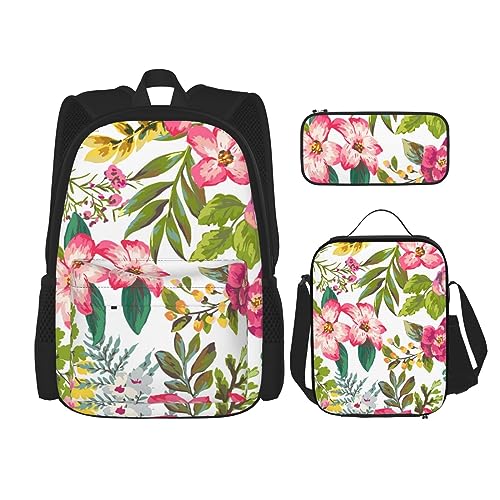 Rucksack mit Hibiskus-Blumen, 3-in-1, Kinder-Schultasche für Teenager, Mädchen, Damen, Laptop-Rucksack mit Lunch-Tasche, Federmäppchen, Schwarz , Einheitsgröße von WiNwon