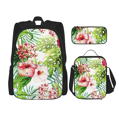 Rucksack mit Hibiskusblüten-Motiv, 3-in-1, Kinder-Schultasche für Teenager, Mädchen, Damen, Laptop-Rucksack mit Lunch-Tasche, Federmäppchen, Schwarz , Einheitsgröße von WiNwon