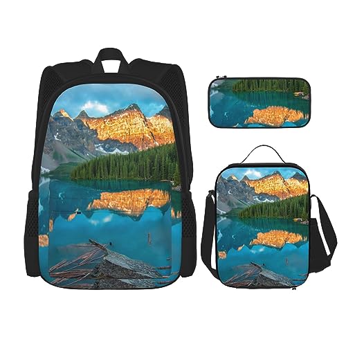 Rucksack mit Naturlandschaft, 3-in-1, Kinder-Schultasche für Teenager, Mädchen, Damen, Laptop-Rucksack mit Lunch-Tasche, Federmäppchen, Schwarz , Einheitsgröße von WiNwon