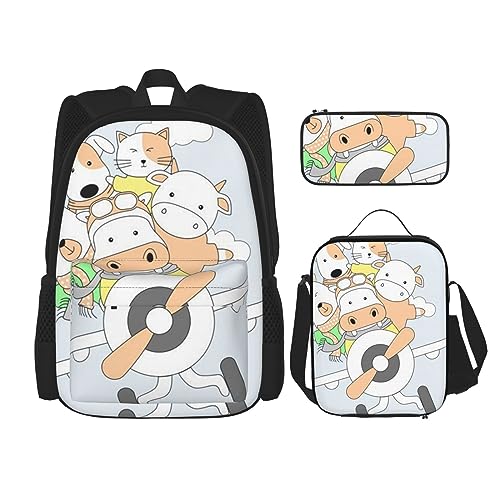 Rucksack mit interessanten Tieren, 3-in-1, Kinder-Schultasche für Teenager, Mädchen, Damen, Laptop-Rucksack mit Lunch-Tasche, Federmäppchen, Schwarz , Einheitsgröße von WiNwon