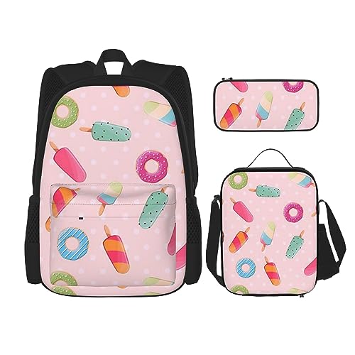 Viele farbige Eiscreme Rucksack Set 3-in-1 Kinder Schultasche für Teenager Mädchen Damen Laptop Rucksack mit Mittagessen Tasche Federmäppchen, Schwarz , Einheitsgröße von WiNwon