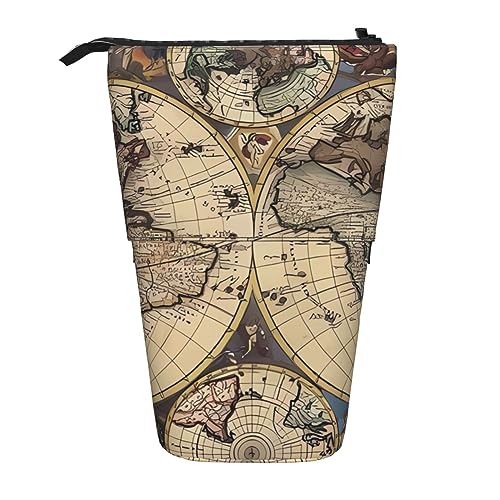 WiNwon Ancient Map World Globe Print Stand Up Pencil Holder Pencil Case Teleskop Portable Multifunctional Pen Holder for Office, Schwarz , Einheitsgröße von WiNwon