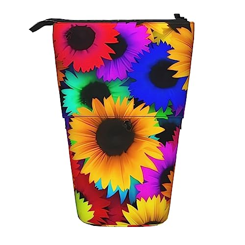 WiNwon Regenbogen Sonnenblume Druck Stand Up Bleistift Halter Bleistift Fall Teleskop Tragbar Multifunktions Stifthalter für Büro, Schwarz , Einheitsgröße von WiNwon