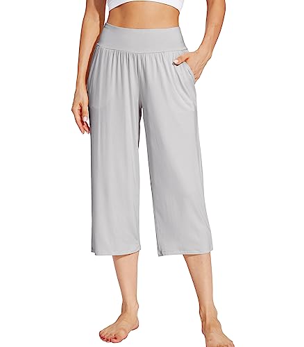 WiWi Bambus-Caprihose für Damen, weiche Pyjamahose, breite Taille, Caprihose, Lounge, Sweathose, Freizeithose, S-XXL, GRAU, Small von WiWi