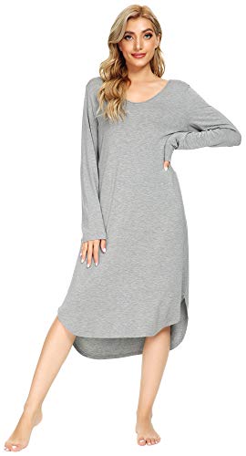 WiWi Bambus-Nachthemden für Damen, weich, langärmelig, Schlafhemd, Nachtwäsche, bequeme Loungewear, Übergröße, Nachthemden S-4X, grau meliert, X-Large von WiWi