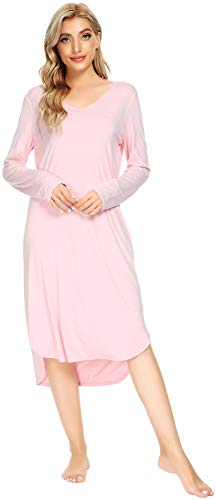 WiWi Bambus-Nachthemden für Damen, weich, langärmelig, Schlafhemd, Nachtwäsche, bequeme Loungewear, Übergröße, Nachthemden S-4X, rose, XX-Large von WiWi