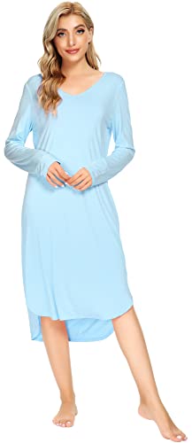 WiWi Bambus Nachthemden für Frauen Weiche Langarm Schlaf Shirt Bequeme Nachthemden Nachtwäsche Plus Size Pyjamas S-4X, hellblau, 38 von WiWi