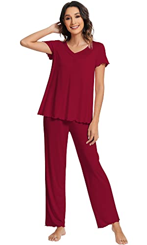 WiWi Bambus-Pyjama-Sets für Damen, weiches kurzärmeliges Oberteil mit Hose, Pyjama, Loungewear, Nachtwäsche, Pyjama-Set, S-XXL, A-Wine Rot, L von WiWi