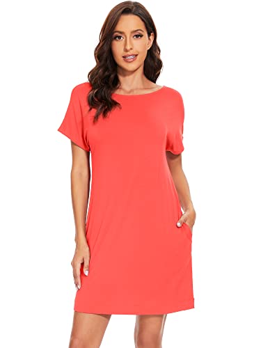 WiWi Damen-Nachthemd, Viskose aus Bambus, weich, kurzärmelig, leicht, cooles Nachthemd, Pyjama, Kleid, S-XXL, B-Coral, XX-Large von WiWi