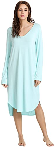 WiWi Bambus-Nachthemden für Damen, weich, langärmelig, Schlafshirt, Nachtwäsche, bequeme Loungewear, Übergröße, Nachthemden, S-4XL, A-aqua, Large von WiWi