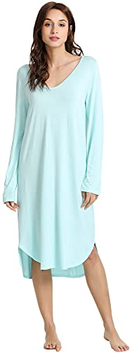 WiWi Bambus Viskose Nachthemden für Frauen Weiche Langarm Schlaf Shirt Bequeme Nachthemden Nachtwäsche Plus Größe Pyjamas S-4X, A-aqua, Large von WiWi