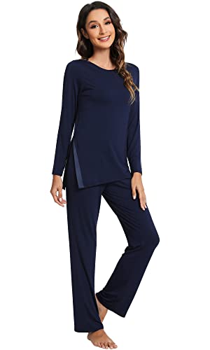 WiWi Pyjama-Set für Damen, Viskose aus Bambus, weich, langärmelig, Schlafanzug, Nachtwäsche, Strick, Jammies, Hose, Loungewear, S-XXL, A-navy, M von WiWi