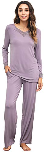 WiWi Damen Bambus Langarm Feuchtigkeit Wicking nachtwäsche geschnürt mit v-Ausschnitt Pyjamas Pants Set s-XXXXL X-Large 16/18 Violet von WiWi