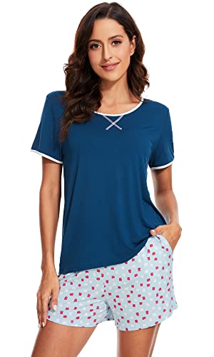 WiWi Damen Bambus Pyjama Set 2 Stück Bedruckt Kurzarm Nachtwäsche Weiche Shorts Loungewear mit Taschen S-XXL, Blau (Ink Blue), XXL von WiWi