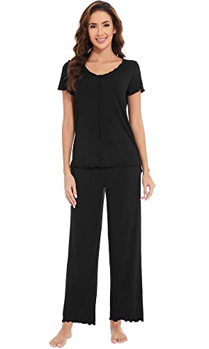 WiWi Damen Bambus Pyjama Set Rüschennähte Kurzarm Oberteil und Hose Nachtwäsche Weiche Zweiteilige Pjs Loungewear Sets S-XXL, Schwarz, M von WiWi