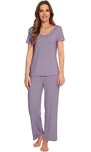 WiWi Schlafanzug aus Viskose aus Bambus, weich, kurzärmelig, Pyjama-Set mit Hose, leicht, Loungewear, S-XXL, C-Violett, S von WiWi