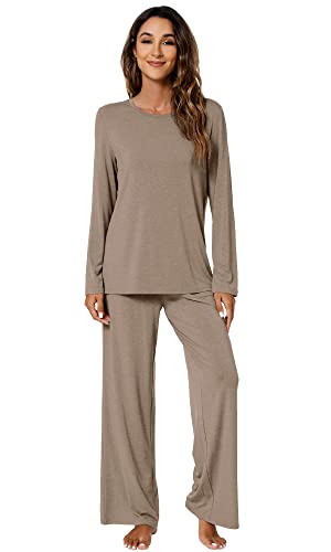 WiWi Damen Bambus Pyjama Set Super Soft Langarm Top mit Hose Loungewear 2 Stück PJ Sets mit Taschen S-XXL, camel, L von WiWi