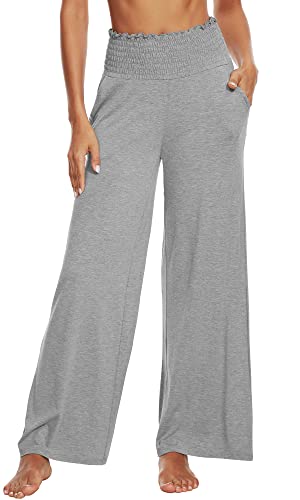 WiWi Damen Bambus Pyjamahose Casual Weite Bein Palazzo Lounge Sweatpants Dehnbare Bequeme Hose mit Taschen S-XXL, grau meliert, X-Large von WiWi