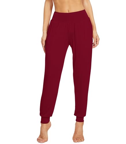 WiWi Damen Bambus Viskose Jogger Casual Pyjamahose Lose Yogahose Bequeme Lounge Sweatpants mit Taschen S-XXL, Weinrot, X-Large von WiWi