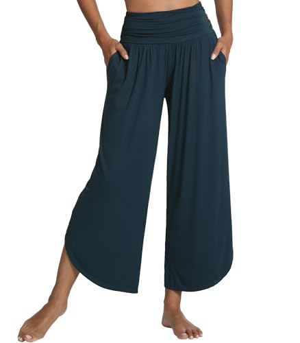 WiWi Damen Loungehose Weites Bein Yogahose Weich Hohe Taille Sweatpants mit Taschen Viskose aus Bambus S-XXL, grün_dunkel, Groß von WiWi