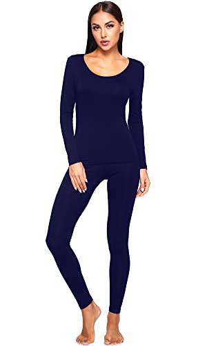 WiWi Damen Ultra Weich Bambus Unterwäsche Lange Unterhosen Sets Leichte Pyjamas Set Base Layer Top mit Hosen S-3X, navy, X-Large von WiWi