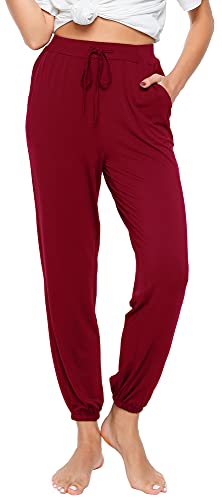 WiWi Damen-Yogahose aus Bambus, lockere Passform, leicht, Jogger-Hose, Pyjamahose, Lounge, Nachtwäsche, S-4X, weinrot, Mittel von WiWi