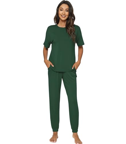 WiWi Damen Zweiteiliges Outfit Kurzarm Trainingsanzug Jogger Set mit Taschen S-XXL, dunkelgrün, X-Large von WiWi