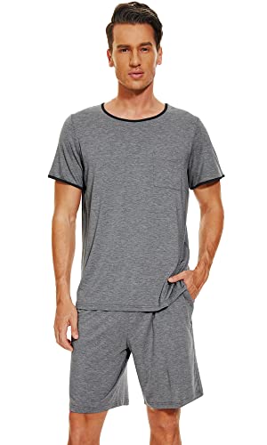 WiWi Herren-Pyjama-Set, Viskose aus Bambus, kurzärmeliges Oberteil und Pyjama-Shorts, Nachtwäsche, weiche Loungewear mit Taschen, S-XXL, A-dark heather grey, Medium von WiWi