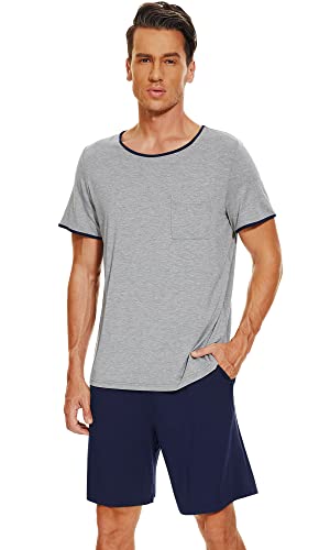 WiWi Herren-Pyjama-Set aus Bambus, weich, kurzärmelig, Nachtwäsche, Oberteil und Shorts mit Taschen, leichte Loungewear, S-3X, A-Heather Grey & Navy, Large von WiWi