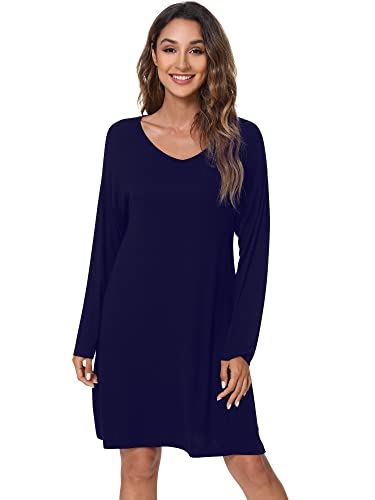 WiWi Nachthemd aus Bambus-Viskose für Damen, langärmelig, weich, Damen-Nachtwäsche, Pyjama, Nachthemden, S-XXL, A-navy, Small von WiWi