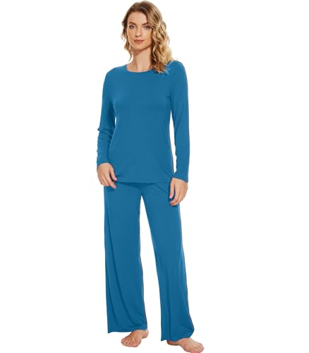 WiWi Pyjama-Set für Damen, Bambus-Viskose, weiches Langarm-Top mit Hose, Nachtwäsche, 2-teiliges Pyjama-Set, Nachtwäsche S-XXL, blaugrün, M von WiWi