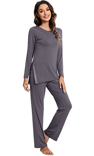 WiWi Pyjama-Set für Damen, Viskose aus Bambus, weich, langärmelig, Schlafanzug, Nachtwäsche, Strick, Jammies, Hose, Loungewear, S-XXL, A-dark grey, L von WiWi